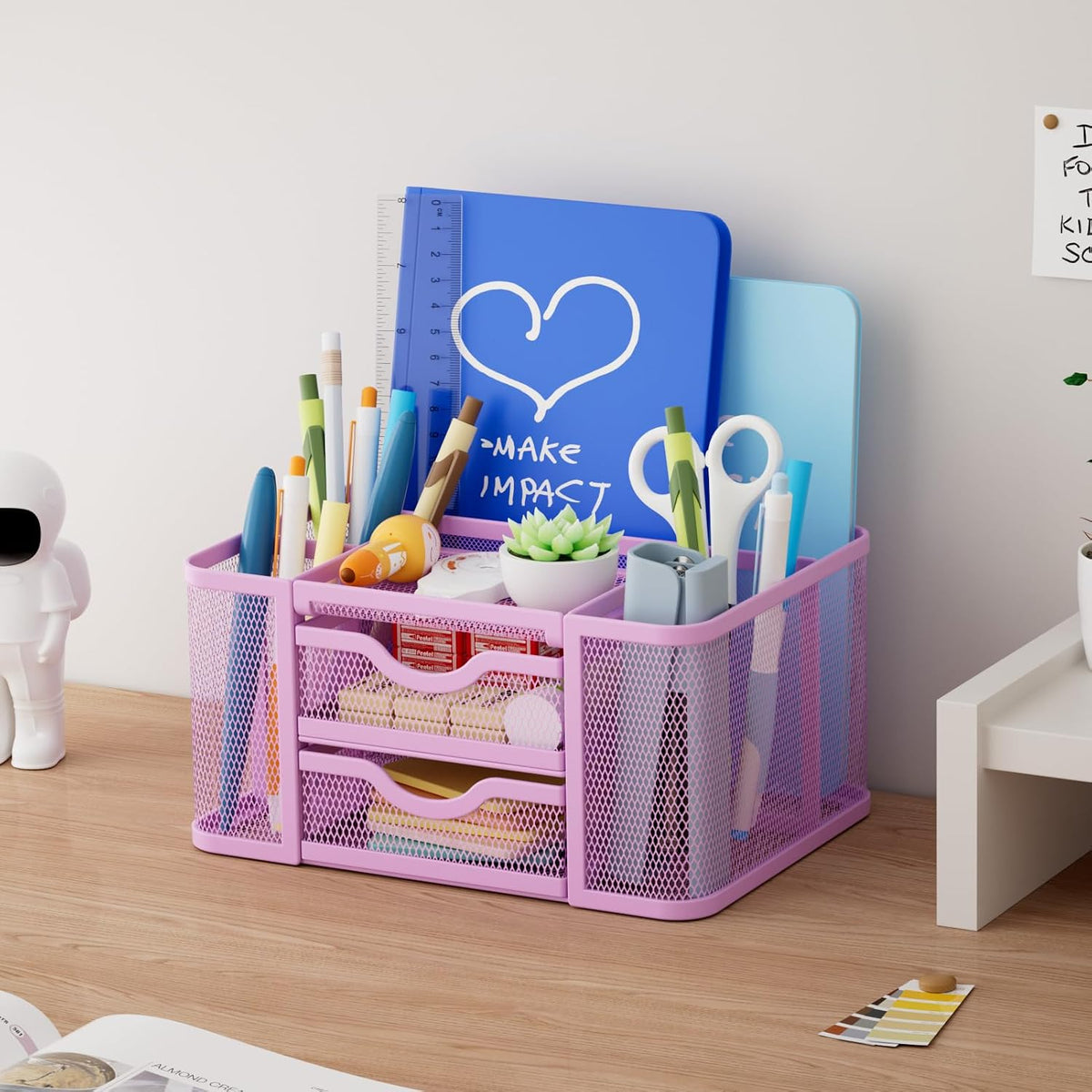 Mesh Desk Organizer, Pen Organizer with 2 Drawer, Multi-Functional Pencil Holder, Desk Organizers and Accessories with 5 Compartments + Drawer for Office Art Supplies (Black)
