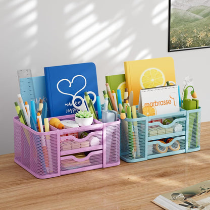 Mesh Desk Organizer, Pen Organizer with 2 Drawer, Multi-Functional Pencil Holder, Desk Organizers and Accessories with 5 Compartments + Drawer for Office Art Supplies (Black)