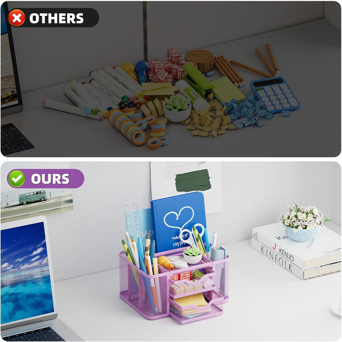 Mesh Desk Organizer, Pen Organizer with 2 Drawer, Multi-Functional Pencil Holder, Desk Organizers and Accessories with 5 Compartments + Drawer for Office Art Supplies (Black)