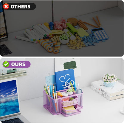 Mesh Desk Organizer, Pen Organizer with 2 Drawer, Multi-Functional Pencil Holder, Desk Organizers and Accessories with 5 Compartments + Drawer for Office Art Supplies (Black)