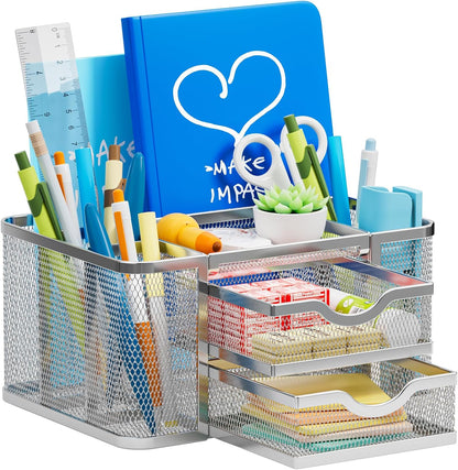 Mesh Desk Organizer, Pen Organizer with 2 Drawer, Multi-Functional Pencil Holder, Desk Organizers and Accessories with 5 Compartments + Drawer for Office Art Supplies (Black)