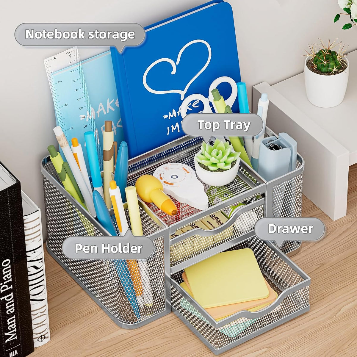 Mesh Desk Organizer, Pen Organizer with 2 Drawer, Multi-Functional Pencil Holder, Desk Organizers and Accessories with 5 Compartments + Drawer for Office Art Supplies (Black)