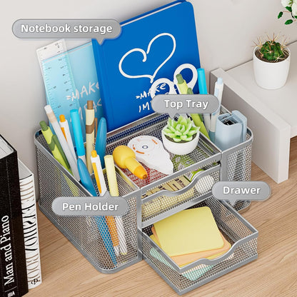 Mesh Desk Organizer, Pen Organizer with 2 Drawer, Multi-Functional Pencil Holder, Desk Organizers and Accessories with 5 Compartments + Drawer for Office Art Supplies (Black)
