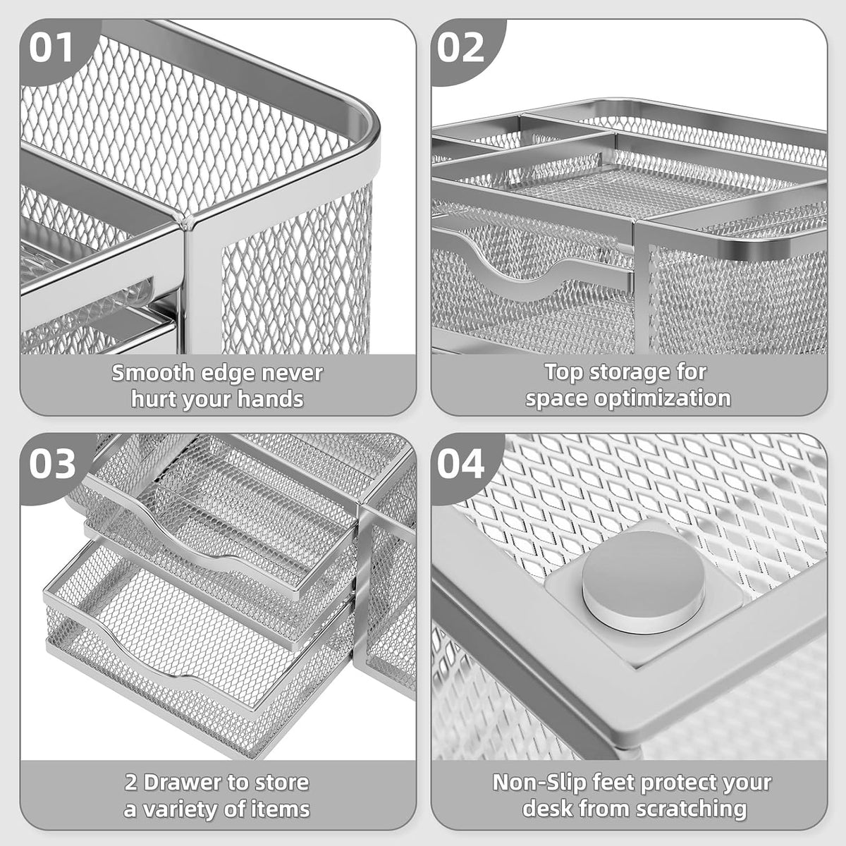 Mesh Desk Organizer, Pen Organizer with 2 Drawer, Multi-Functional Pencil Holder, Desk Organizers and Accessories with 5 Compartments + Drawer for Office Art Supplies (Black)