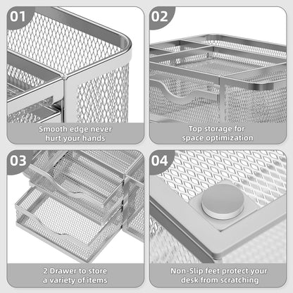 Mesh Desk Organizer, Pen Organizer with 2 Drawer, Multi-Functional Pencil Holder, Desk Organizers and Accessories with 5 Compartments + Drawer for Office Art Supplies (Black)