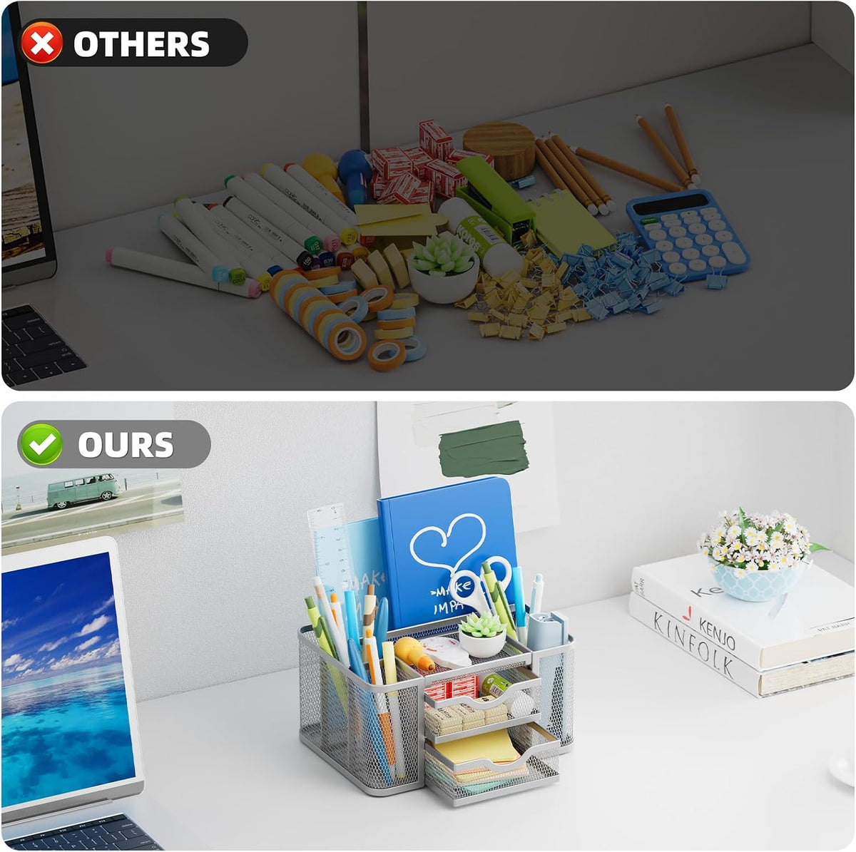 Mesh Desk Organizer, Pen Organizer with 2 Drawer, Multi-Functional Pencil Holder, Desk Organizers and Accessories with 5 Compartments + Drawer for Office Art Supplies (Black)