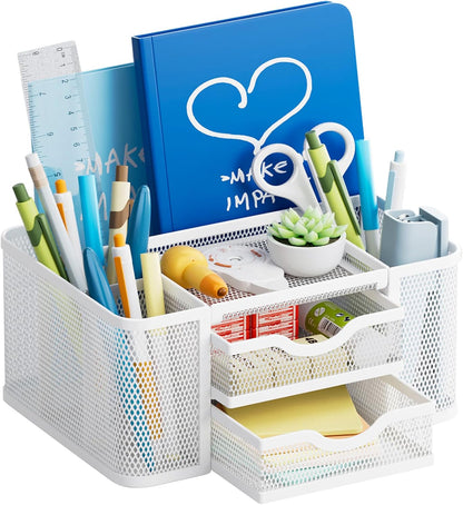 Mesh Desk Organizer, Pen Organizer with 2 Drawer, Multi-Functional Pencil Holder, Desk Organizers and Accessories with 5 Compartments + Drawer for Office Art Supplies (Black)