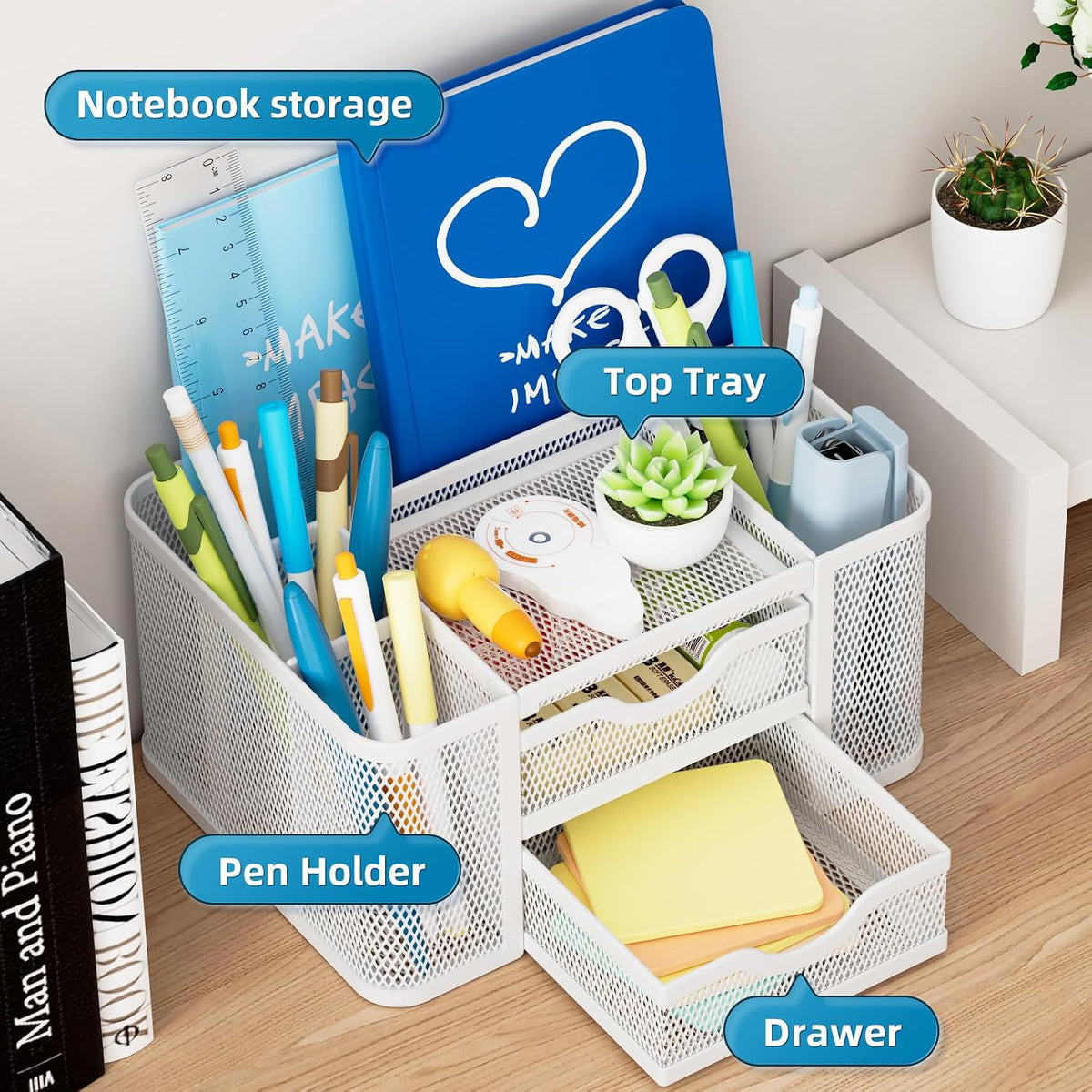 Mesh Desk Organizer, Pen Organizer with 2 Drawer, Multi-Functional Pencil Holder, Desk Organizers and Accessories with 5 Compartments + Drawer for Office Art Supplies (Black)