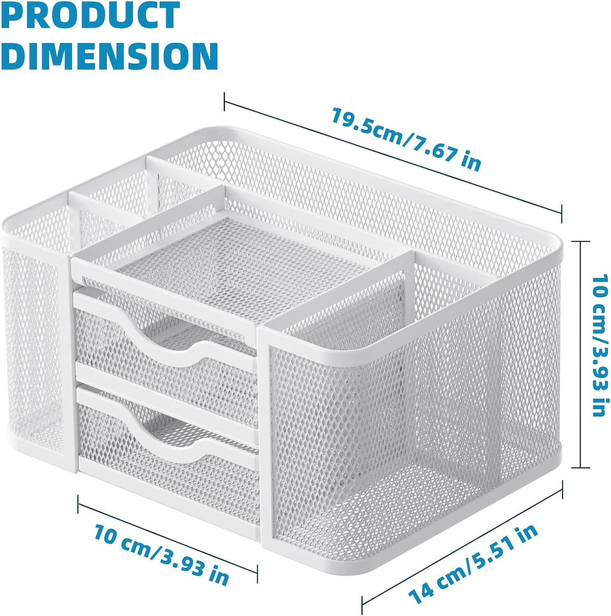 Mesh Desk Organizer, Pen Organizer with 2 Drawer, Multi-Functional Pencil Holder, Desk Organizers and Accessories with 5 Compartments + Drawer for Office Art Supplies (Black)