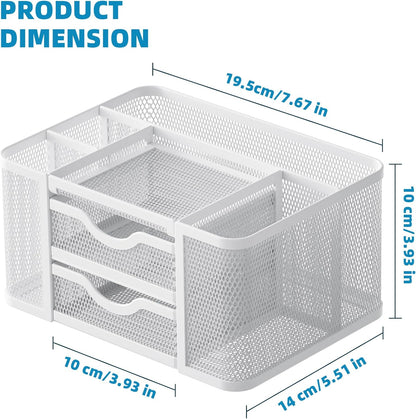 Mesh Desk Organizer, Pen Organizer with 2 Drawer, Multi-Functional Pencil Holder, Desk Organizers and Accessories with 5 Compartments + Drawer for Office Art Supplies (Black)