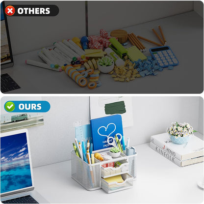 Mesh Desk Organizer, Pen Organizer with 2 Drawer, Multi-Functional Pencil Holder, Desk Organizers and Accessories with 5 Compartments + Drawer for Office Art Supplies (Black)