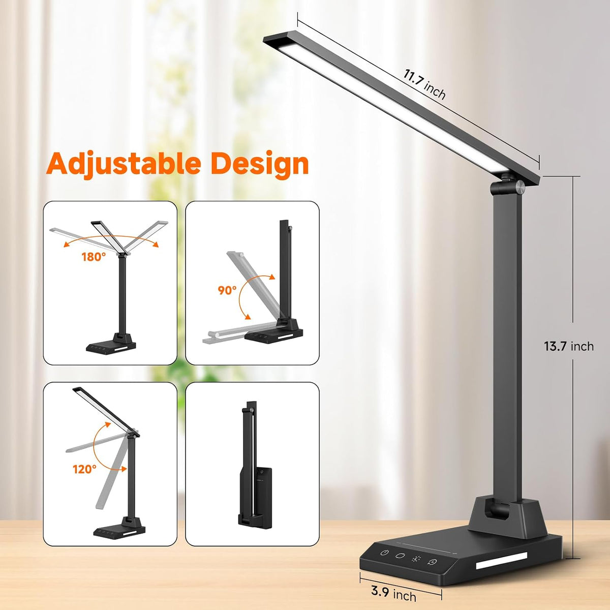 LED Desk Lamp for Home Office, Foldable Reading Lamp with Adapter