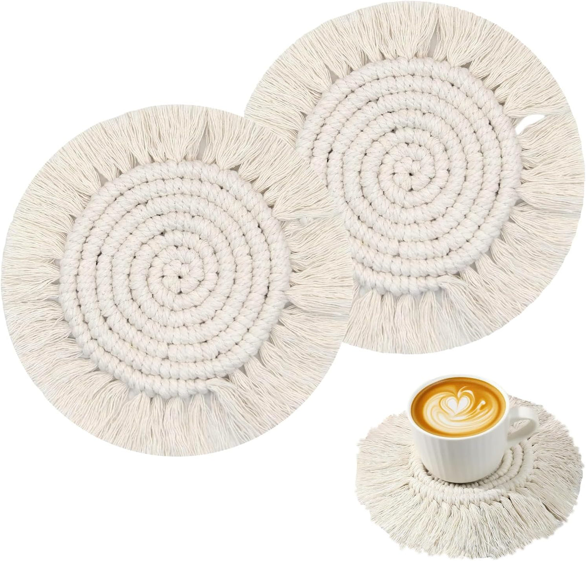 Desk Coasters Set of 2, Cute Coaster for Desk, Round Handmade Woven Coaster for Boho Home Decor, CupCoasters for Office Kitchen Dining Room Bar Farmhouse, Coasters Set for Drinks, Beer, Coffee
