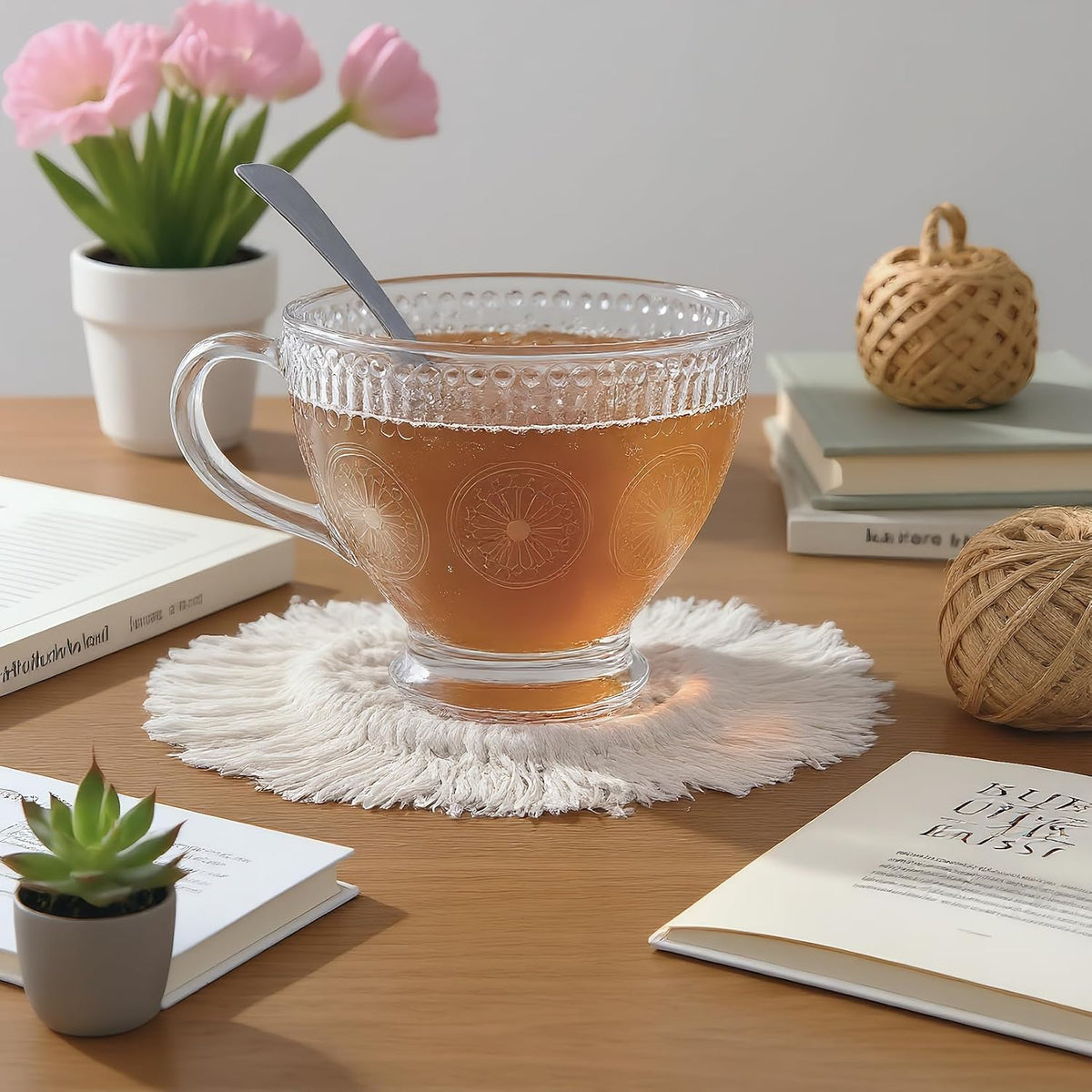 Desk Coasters Set of 2, Cute Coaster for Desk, Round Handmade Woven Coaster for Boho Home Decor, CupCoasters for Office Kitchen Dining Room Bar Farmhouse, Coasters Set for Drinks, Beer, Coffee