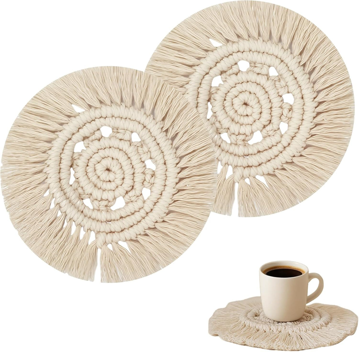 Desk Coasters Set of 2, Cute Coaster for Desk, Round Handmade Woven Coaster for Boho Home Decor, CupCoasters for Office Kitchen Dining Room Bar Farmhouse, Coasters Set for Drinks, Beer, Coffee
