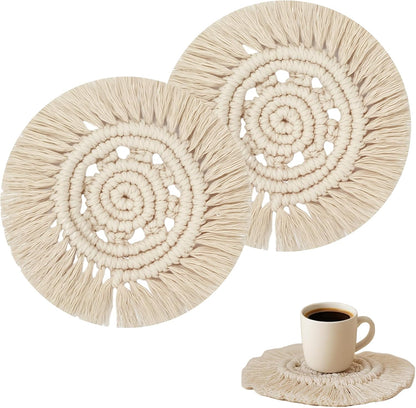 Desk Coasters Set of 2, Cute Coaster for Desk, Round Handmade Woven Coaster for Boho Home Decor, CupCoasters for Office Kitchen Dining Room Bar Farmhouse, Coasters Set for Drinks, Beer, Coffee