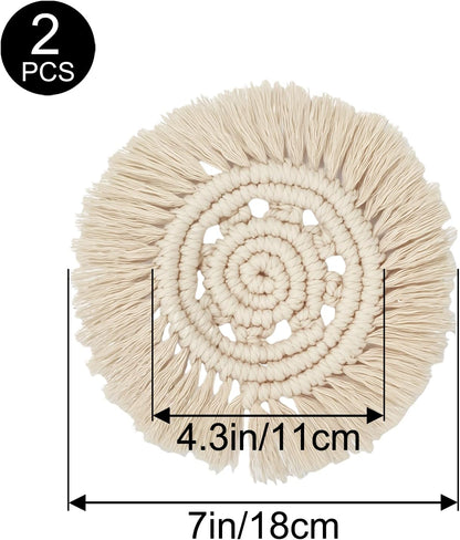 Desk Coasters Set of 2, Cute Coaster for Desk, Round Handmade Woven Coaster for Boho Home Decor, CupCoasters for Office Kitchen Dining Room Bar Farmhouse, Coasters Set for Drinks, Beer, Coffee