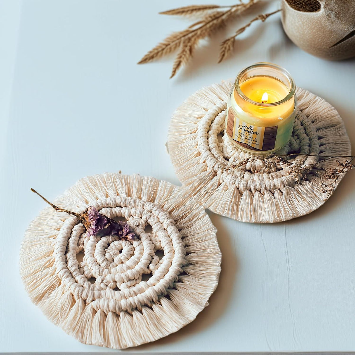 Desk Coasters Set of 2, Cute Coaster for Desk, Round Handmade Woven Coaster for Boho Home Decor, CupCoasters for Office Kitchen Dining Room Bar Farmhouse, Coasters Set for Drinks, Beer, Coffee