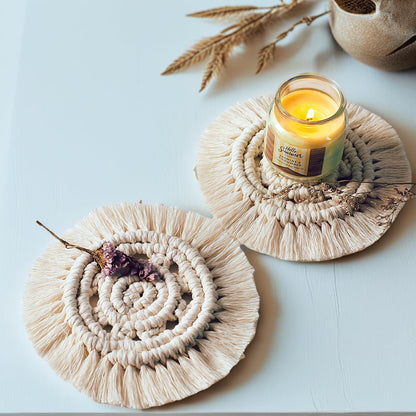 Desk Coasters Set of 2, Cute Coaster for Desk, Round Handmade Woven Coaster for Boho Home Decor, CupCoasters for Office Kitchen Dining Room Bar Farmhouse, Coasters Set for Drinks, Beer, Coffee