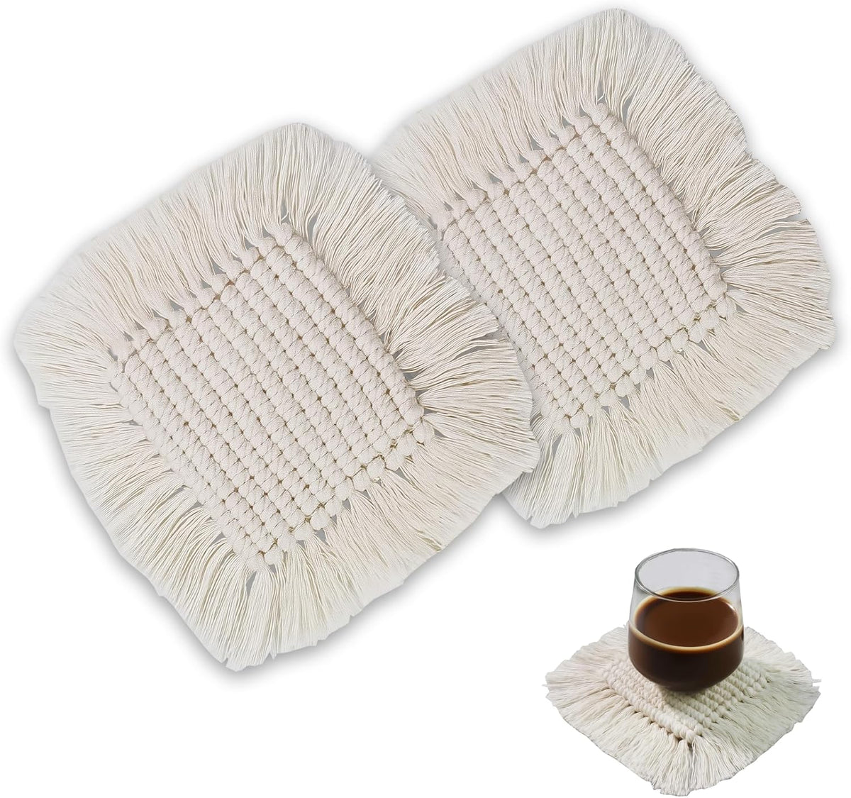 Desk Coasters Set of 2, Cute Coaster for Desk, Round Handmade Woven Coaster for Boho Home Decor, CupCoasters for Office Kitchen Dining Room Bar Farmhouse, Coasters Set for Drinks, Beer, Coffee