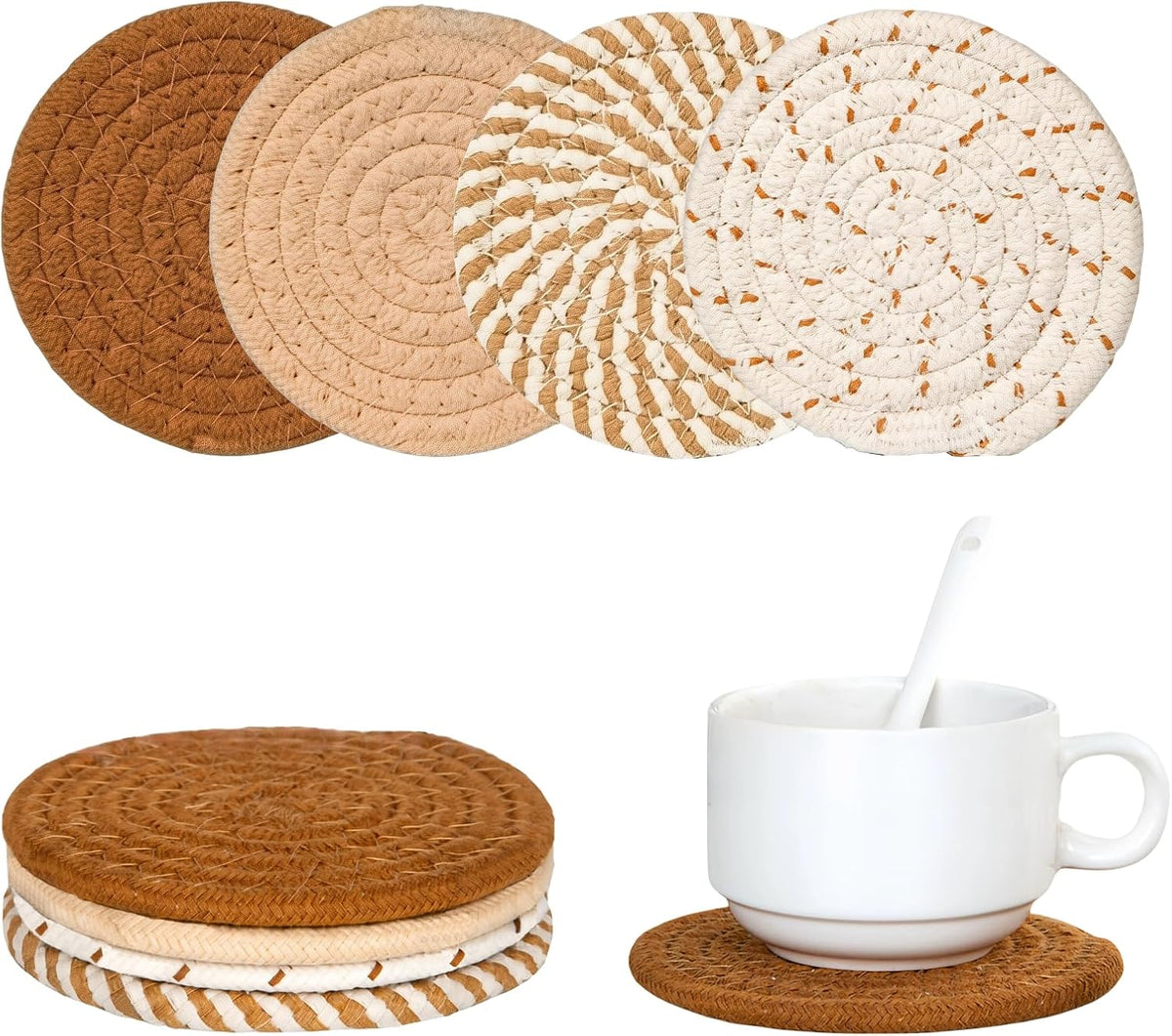 Desk Coasters Set of 2, Cute Coaster for Desk, Round Handmade Woven Coaster for Boho Home Decor, CupCoasters for Office Kitchen Dining Room Bar Farmhouse, Coasters Set for Drinks, Beer, Coffee