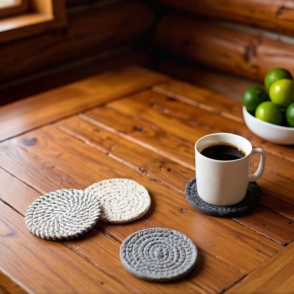 Desk Coasters Set of 2, Cute Coaster for Desk, Round Handmade Woven Coaster for Boho Home Decor, CupCoasters for Office Kitchen Dining Room Bar Farmhouse, Coasters Set for Drinks, Beer, Coffee