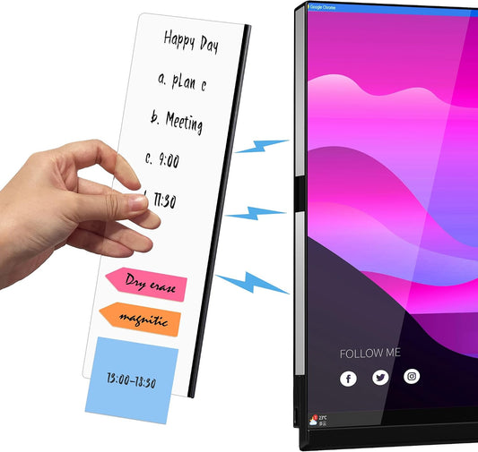 Magnetic Acrylic Monitor Memo Board, Clear Large 13.2 x 3.3 Inches, Detachable Side Screen Note Holder with 2 Adhesive Metal Plates, Vertical to Do List Organizer for Office & Home