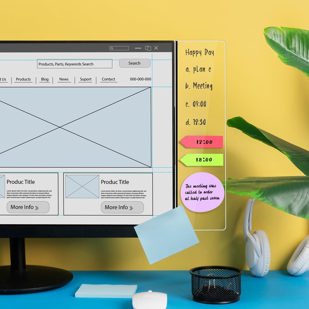 Magnetic Acrylic Monitor Memo Board, Clear Large 13.2 x 3.3 Inches, Detachable Side Screen Note Holder with 2 Adhesive Metal Plates, Vertical to Do List Organizer for Office & Home