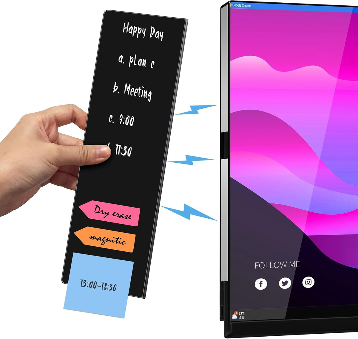 Magnetic Acrylic Monitor Memo Board, Clear Large 13.2 x 3.3 Inches, Detachable Side Screen Note Holder with 2 Adhesive Metal Plates, Vertical to Do List Organizer for Office & Home