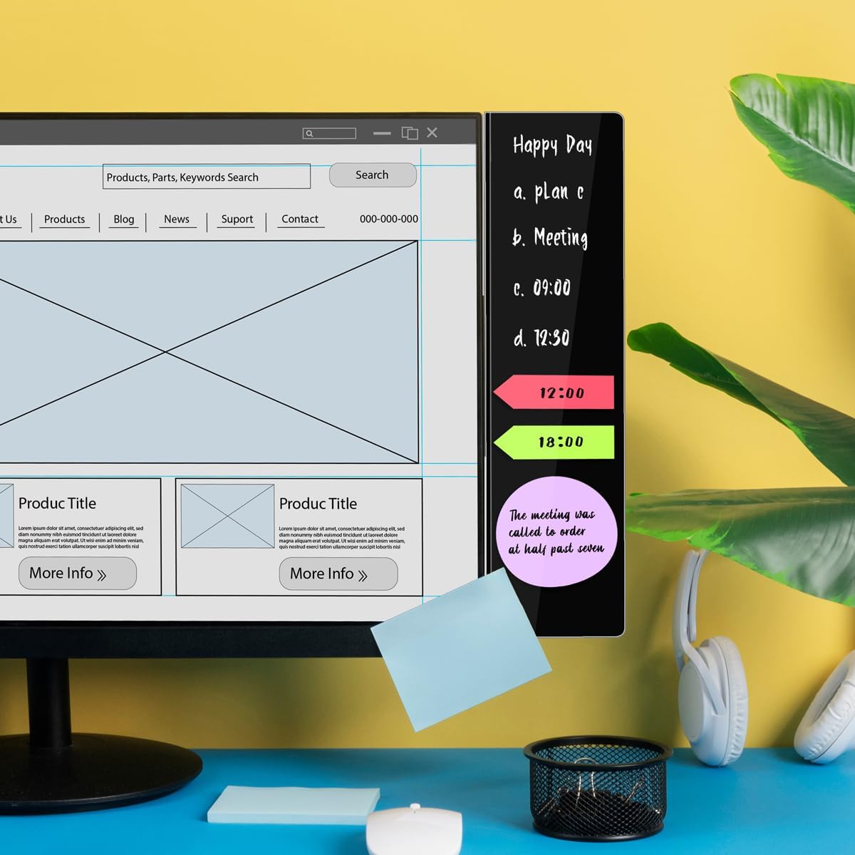 Magnetic Acrylic Monitor Memo Board, Clear Large 13.2 x 3.3 Inches, Detachable Side Screen Note Holder with 2 Adhesive Metal Plates, Vertical to Do List Organizer for Office & Home