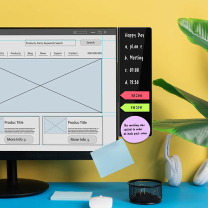 Magnetic Acrylic Monitor Memo Board, Clear Large 13.2 x 3.3 Inches, Detachable Side Screen Note Holder with 2 Adhesive Metal Plates, Vertical to Do List Organizer for Office & Home