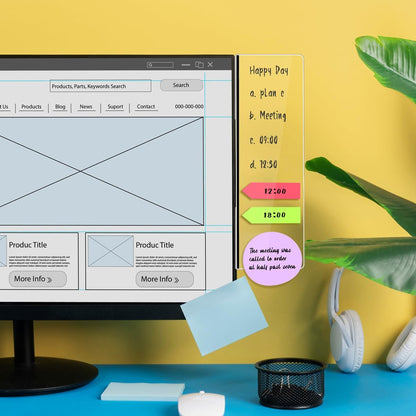 Magnetic Acrylic Monitor Memo Board, Clear Large 13.2 x 3.3 Inches, Detachable Side Screen Note Holder with 2 Adhesive Metal Plates, Vertical to Do List Organizer for Office & Home