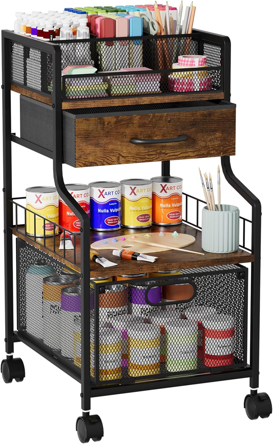 SWTYMIKI Under Desk Storage Cart- Art Storage Cart with Drawers & DIY Divider - Office Cart Organizer Under Desk Shelf, Craft Rolling Cart for Office, Craft Room & Studio Espresso