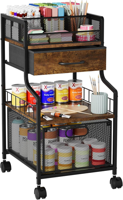 SWTYMIKI Under Desk Storage Cart- Art Storage Cart with Drawers & DIY Divider - Office Cart Organizer Under Desk Shelf, Craft Rolling Cart for Office, Craft Room & Studio Espresso