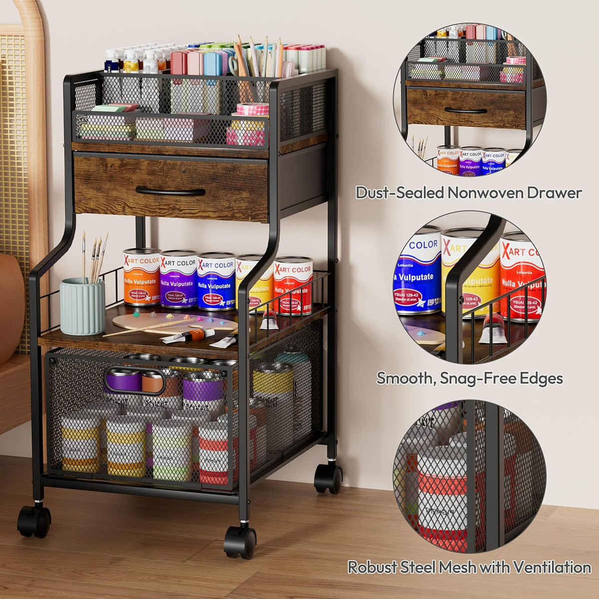 SWTYMIKI Under Desk Storage Cart- Art Storage Cart with Drawers & DIY Divider - Office Cart Organizer Under Desk Shelf, Craft Rolling Cart for Office, Craft Room & Studio Espresso
