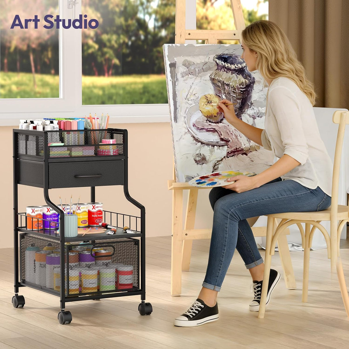 SWTYMIKI Under Desk Storage Cart- Art Storage Cart with Drawers & DIY Divider - Office Cart Organizer Under Desk Shelf, Craft Rolling Cart for Office, Craft Room & Studio Espresso