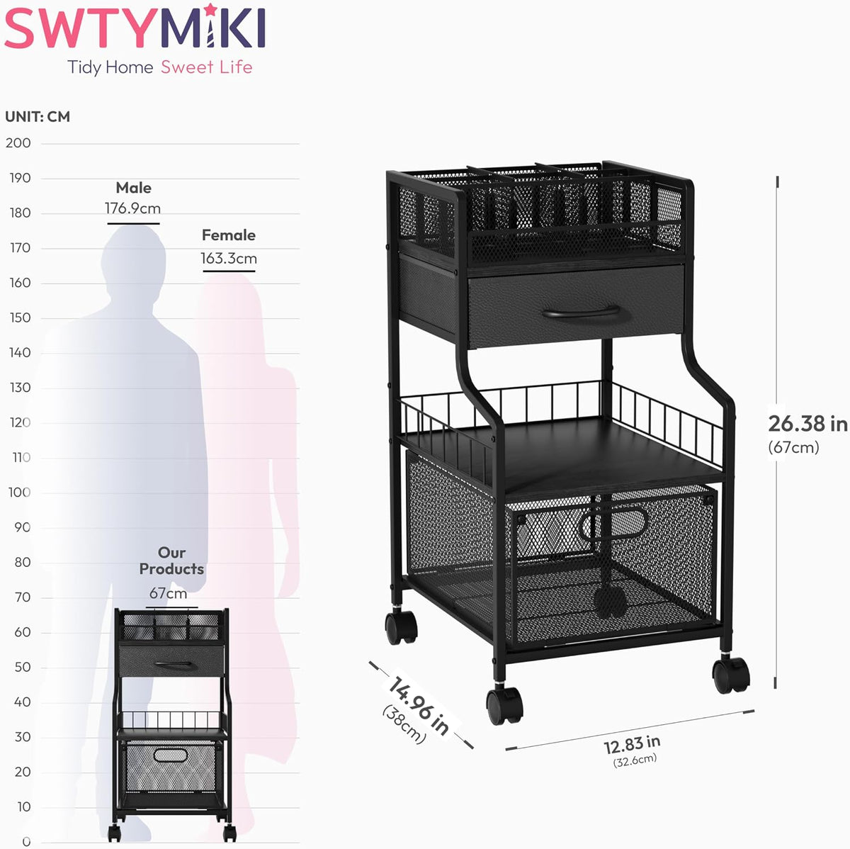 SWTYMIKI Under Desk Storage Cart- Art Storage Cart with Drawers & DIY Divider - Office Cart Organizer Under Desk Shelf, Craft Rolling Cart for Office, Craft Room & Studio Espresso