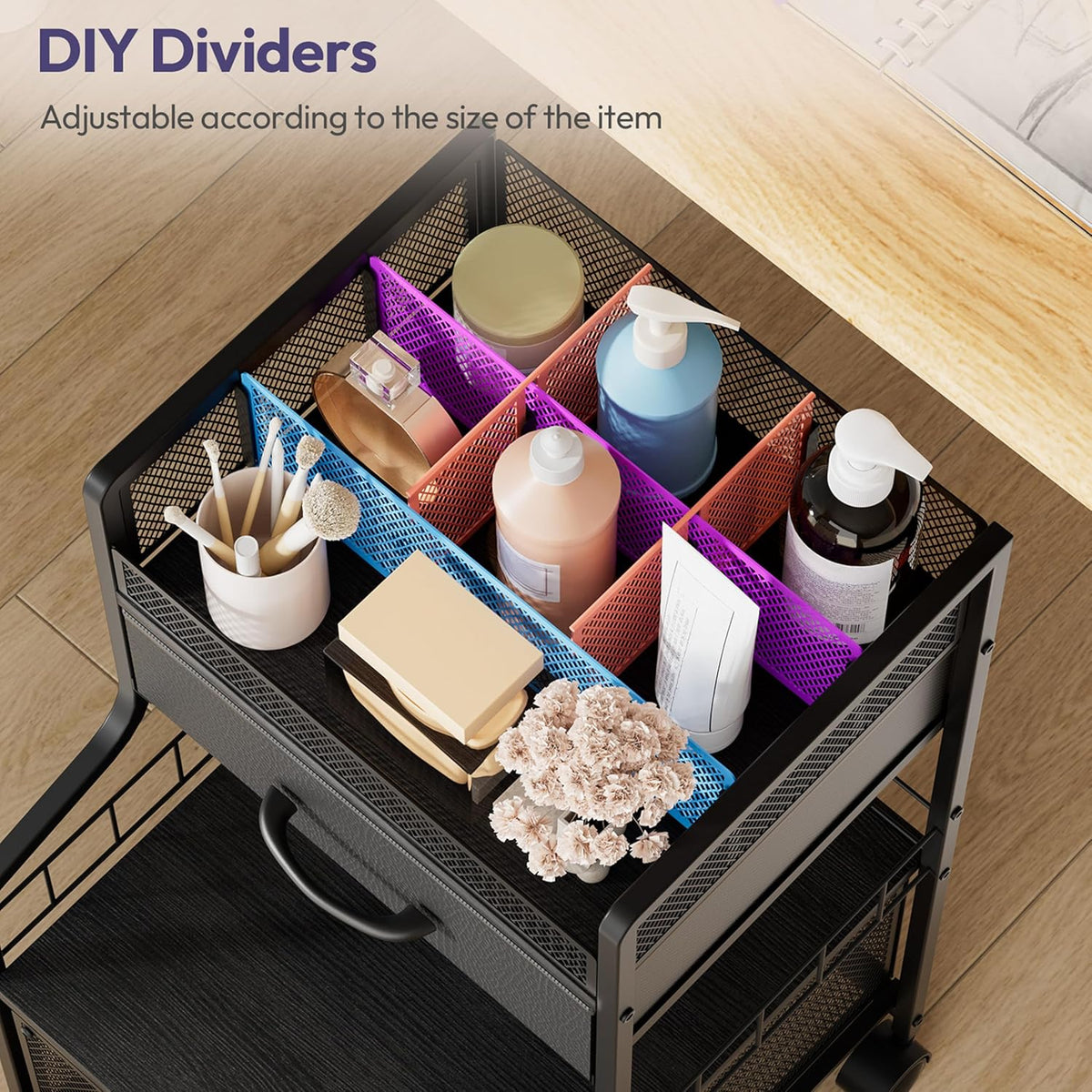 SWTYMIKI Under Desk Storage Cart- Art Storage Cart with Drawers & DIY Divider - Office Cart Organizer Under Desk Shelf, Craft Rolling Cart for Office, Craft Room & Studio Espresso
