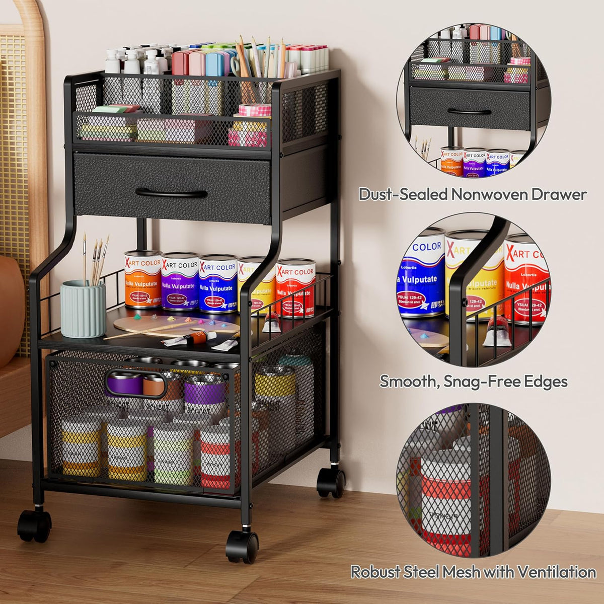 SWTYMIKI Under Desk Storage Cart- Art Storage Cart with Drawers & DIY Divider - Office Cart Organizer Under Desk Shelf, Craft Rolling Cart for Office, Craft Room & Studio Espresso