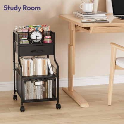 SWTYMIKI Under Desk Storage Cart- Art Storage Cart with Drawers & DIY Divider - Office Cart Organizer Under Desk Shelf, Craft Rolling Cart for Office, Craft Room & Studio Espresso