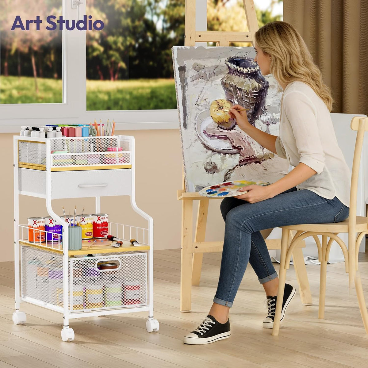 SWTYMIKI Under Desk Storage Cart- Art Storage Cart with Drawers & DIY Divider - Office Cart Organizer Under Desk Shelf, Craft Rolling Cart for Office, Craft Room & Studio Espresso