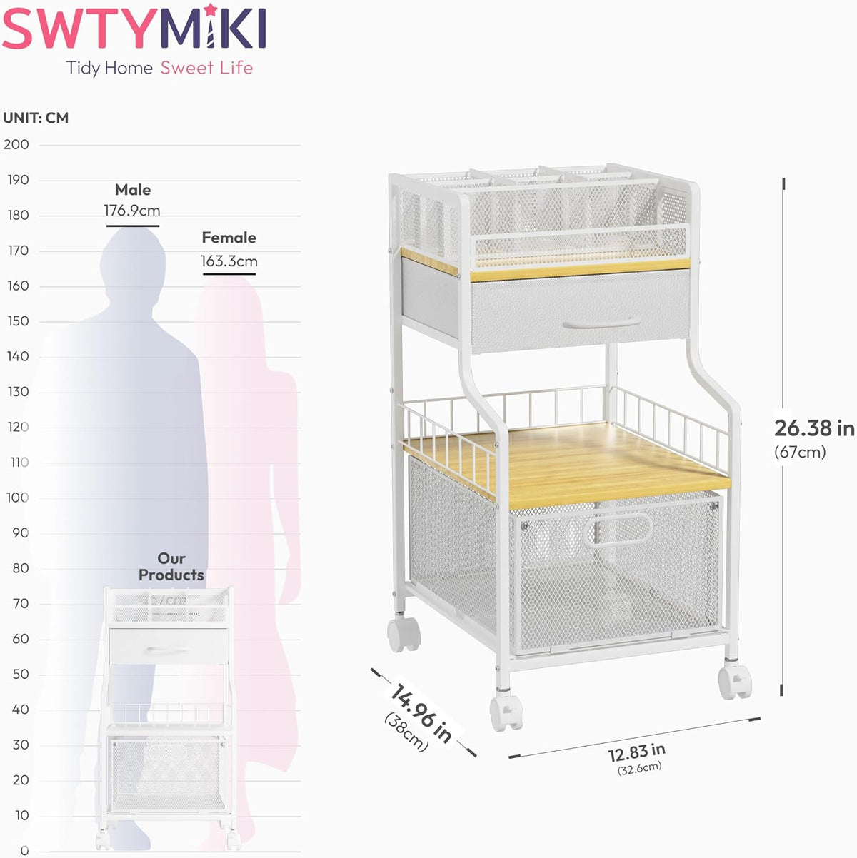 SWTYMIKI Under Desk Storage Cart- Art Storage Cart with Drawers & DIY Divider - Office Cart Organizer Under Desk Shelf, Craft Rolling Cart for Office, Craft Room & Studio Espresso