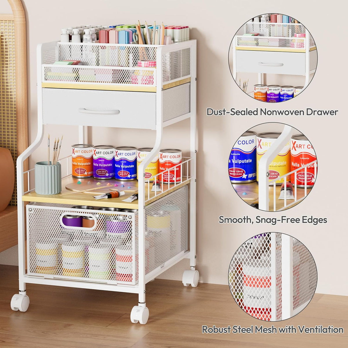SWTYMIKI Under Desk Storage Cart- Art Storage Cart with Drawers & DIY Divider - Office Cart Organizer Under Desk Shelf, Craft Rolling Cart for Office, Craft Room & Studio Espresso