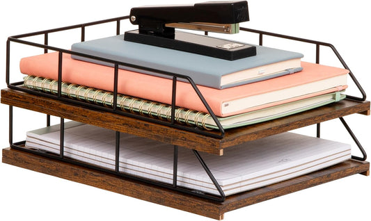 2-Tier Rustic Letter Tray Organizer with Metal Frame, Wood Base for Desk or Office, Stackable, Metal and Wood, Black
