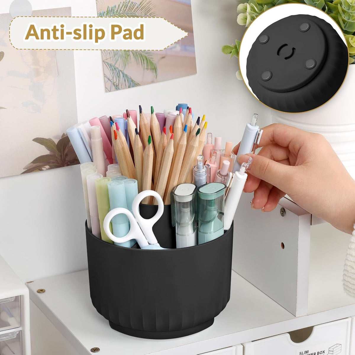 360 Degree Rotating Pencil Pen Holder for Desk, Dual-Purpose Desk Organizer, Rotating Pencil Cup with 5 Slots, Office Supplies, Desk Decor for Office, School, Home