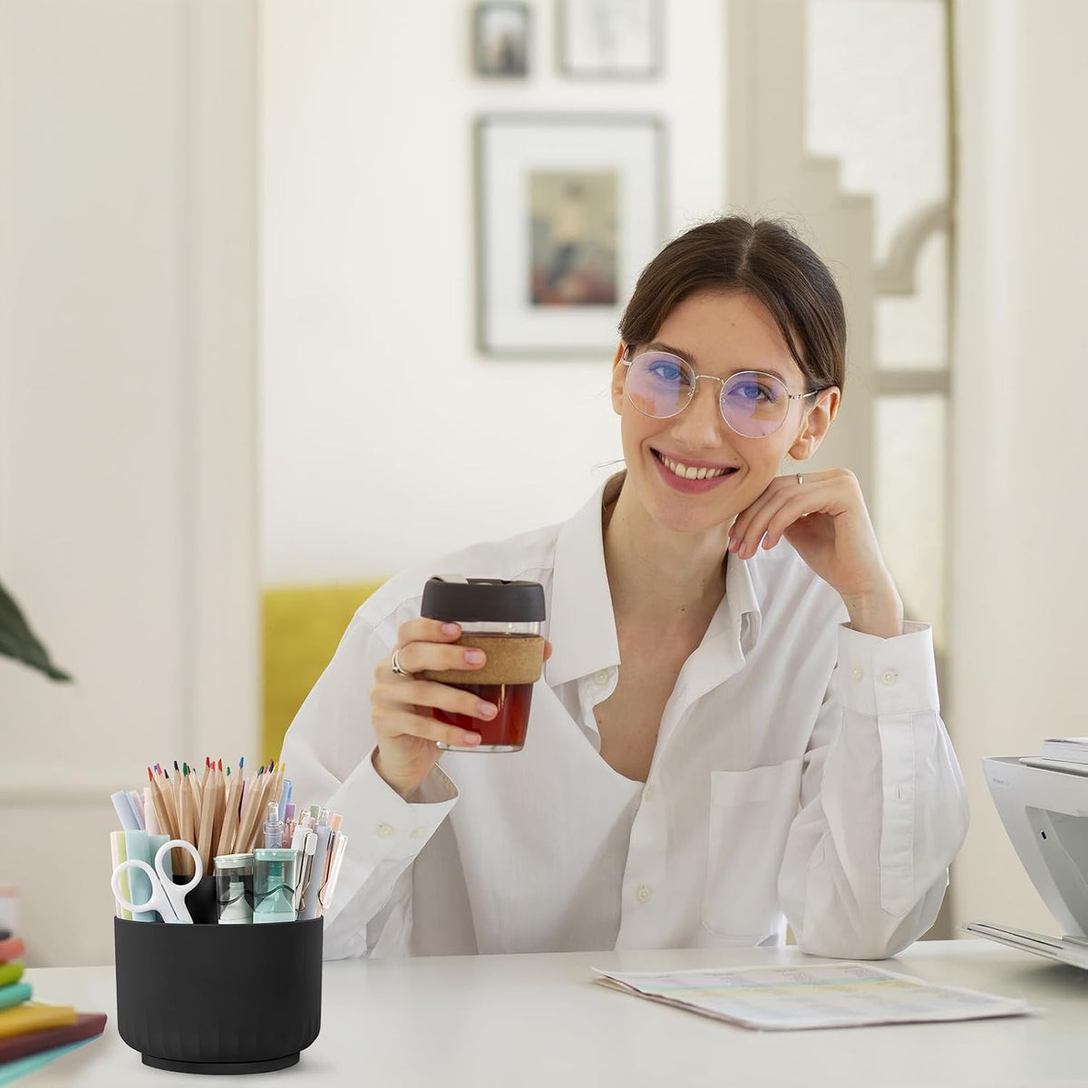360 Degree Rotating Pencil Pen Holder for Desk, Dual-Purpose Desk Organizer, Rotating Pencil Cup with 5 Slots, Office Supplies, Desk Decor for Office, School, Home
