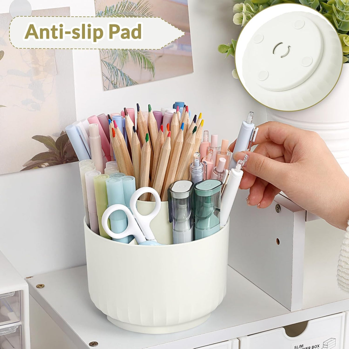 360 Degree Rotating Pencil Pen Holder for Desk, Dual-Purpose Desk Organizer, Rotating Pencil Cup with 5 Slots, Office Supplies, Desk Decor for Office, School, Home