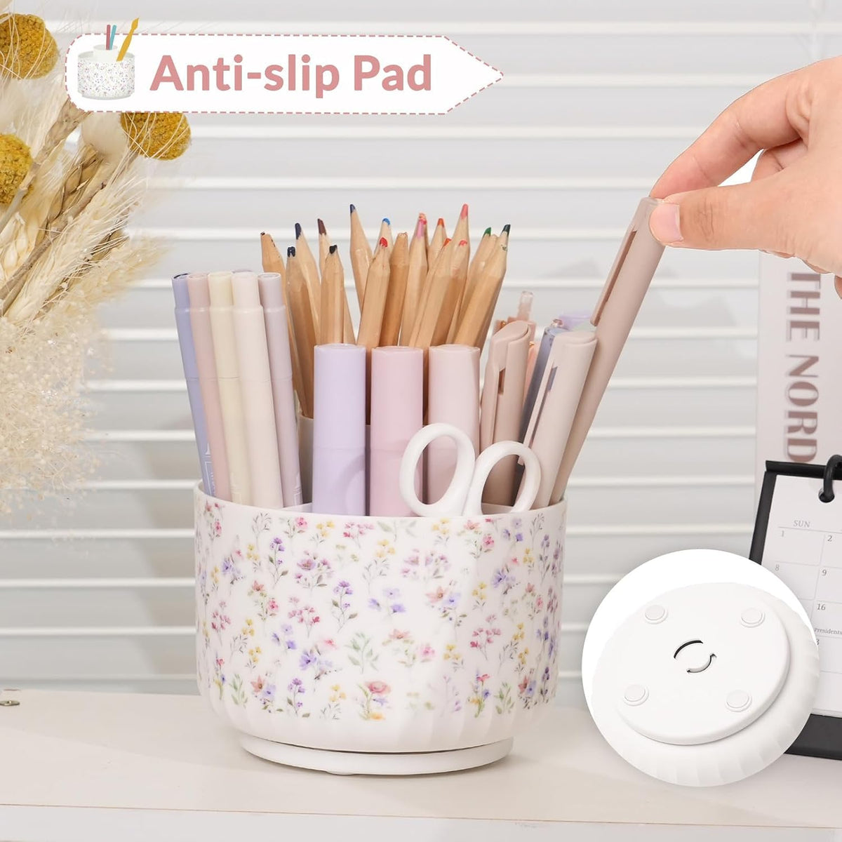 360 Degree Rotating Pencil Pen Holder for Desk, Dual-Purpose Desk Organizer, Rotating Pencil Cup with 5 Slots, Office Supplies, Desk Decor for Office, School, Home