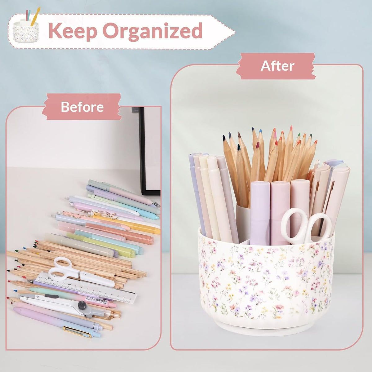 360 Degree Rotating Pencil Pen Holder for Desk, Dual-Purpose Desk Organizer, Rotating Pencil Cup with 5 Slots, Office Supplies, Desk Decor for Office, School, Home