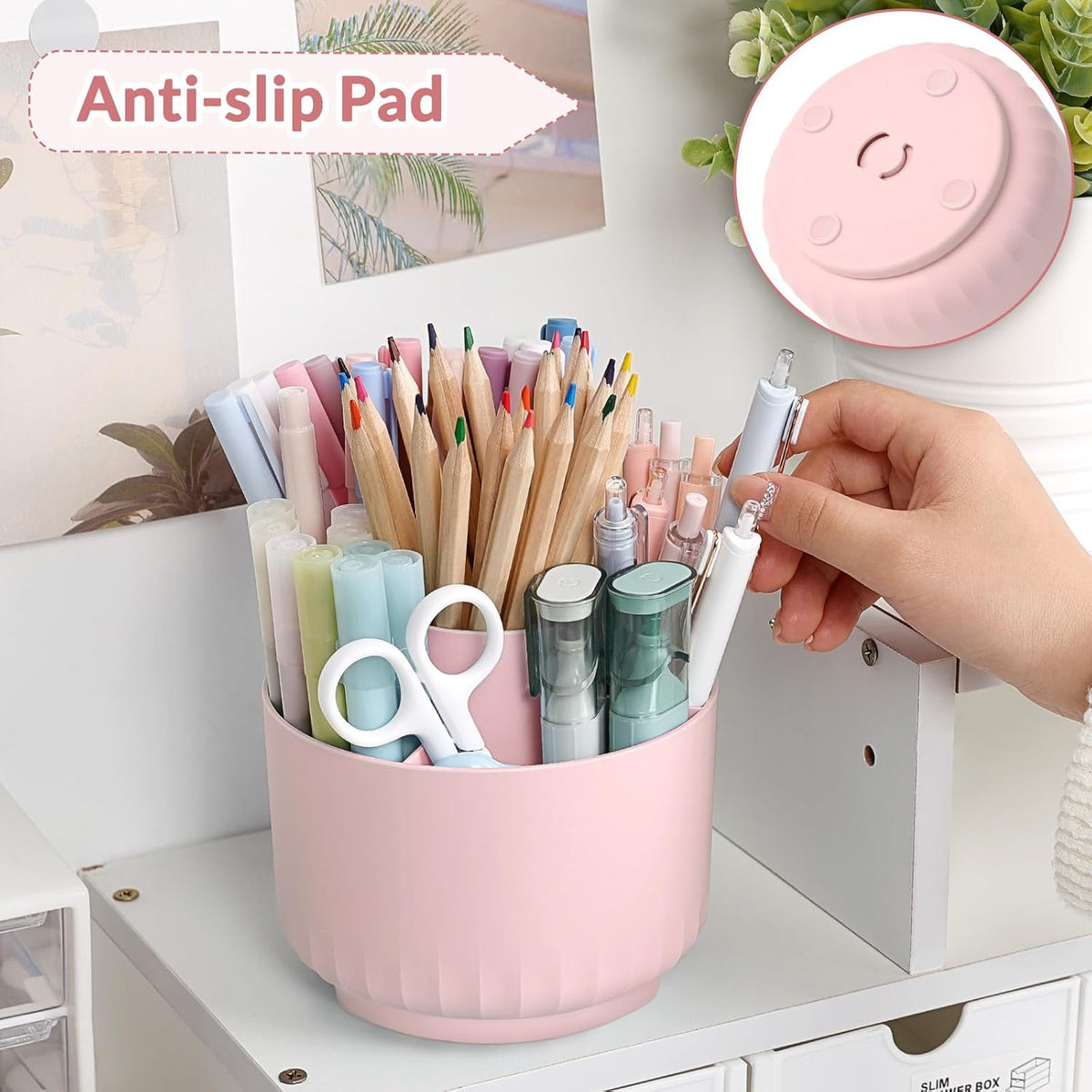 360 Degree Rotating Pencil Pen Holder for Desk, Dual-Purpose Desk Organizer, Rotating Pencil Cup with 5 Slots, Office Supplies, Desk Decor for Office, School, Home